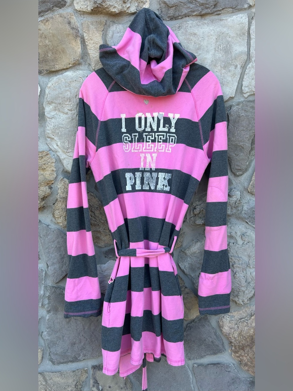 Y2K Victorias Secret PINK Robe Size M/L Hooded Striped Early 2000s Girly Preppy